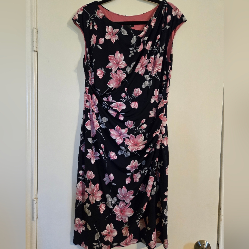 Connected Apparel Navy Blue Dress with Pink Floral Design